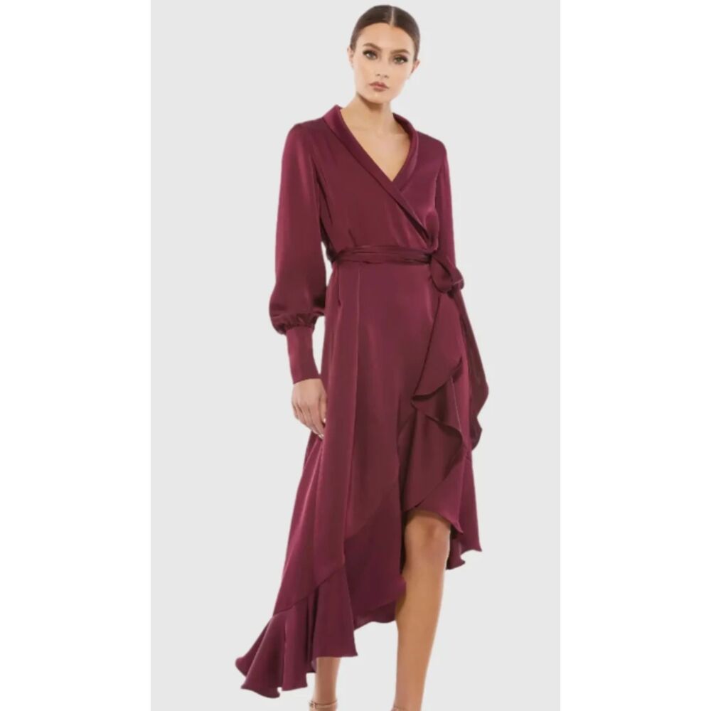 Mac Duggal 12506 Wine Satin Faux Wrap Ruffle High Low Dress Size 0 NWT